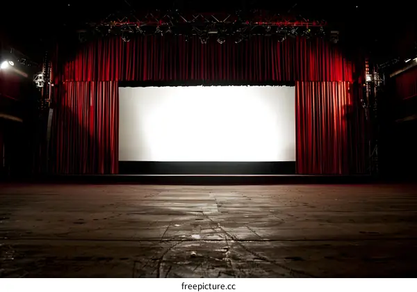 Empty Theater Stage with Red Curtains and White Screen