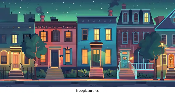 Nighttime View of Cityscape with Colorful Houses