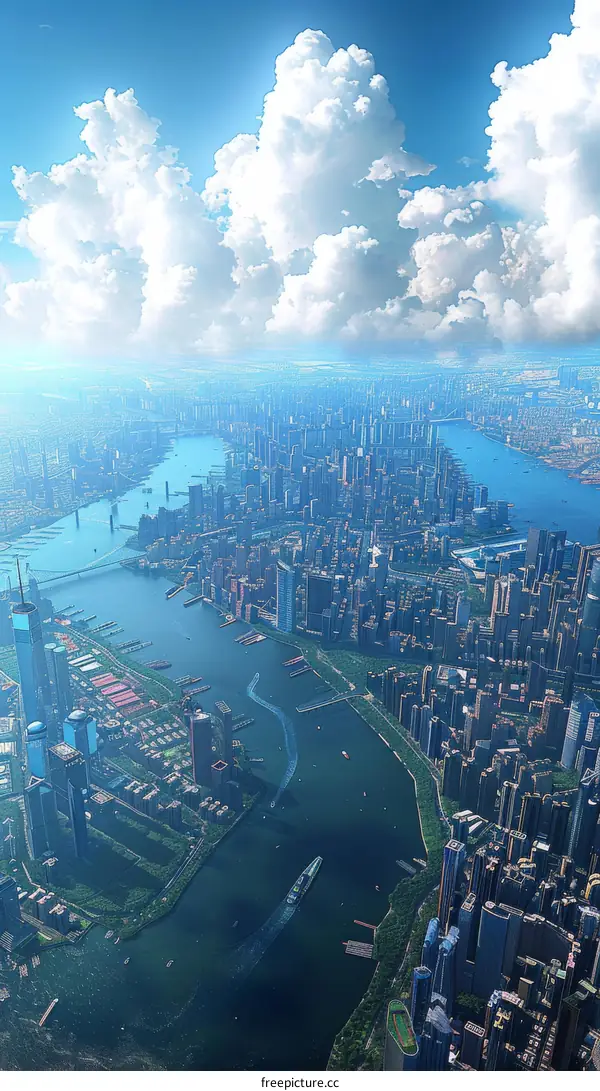 Urban Skyline with Glass Towers by the Water