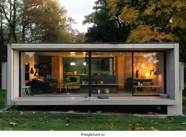 Modern Concrete House With Large Windows Surrounded By Trees