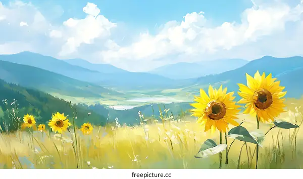 Sunflower Field Panorama of Mountain Landscape