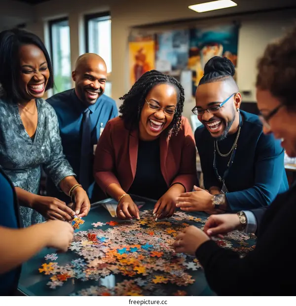 A group of people of African descent are laughing and working together to put together a puzzle.