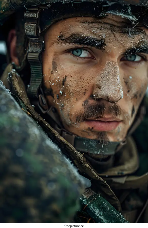 Portrait of a soldier with blue eyes and a mustache wearing a helmet and a bulletproof vest