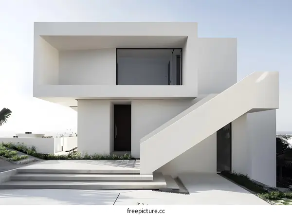 Modern Minimalist White House Exterior With Large Windows and Stairs