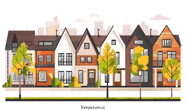 Row of Colorful Houses with Green Trees in Front