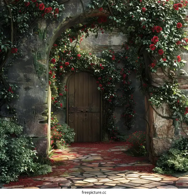 Stone Archway with Red Roses and Wooden Door