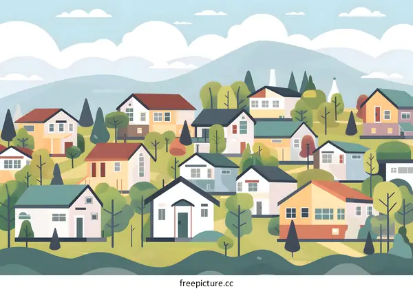 Colorful Houses in a Mountain Village Illustration