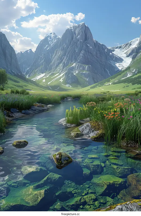 Tranquil valley river with snow-capped peaks