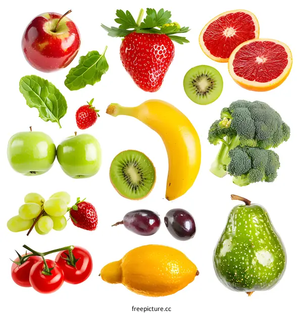 Assortment of Fresh Fruits and Vegetables Isolated on White Background