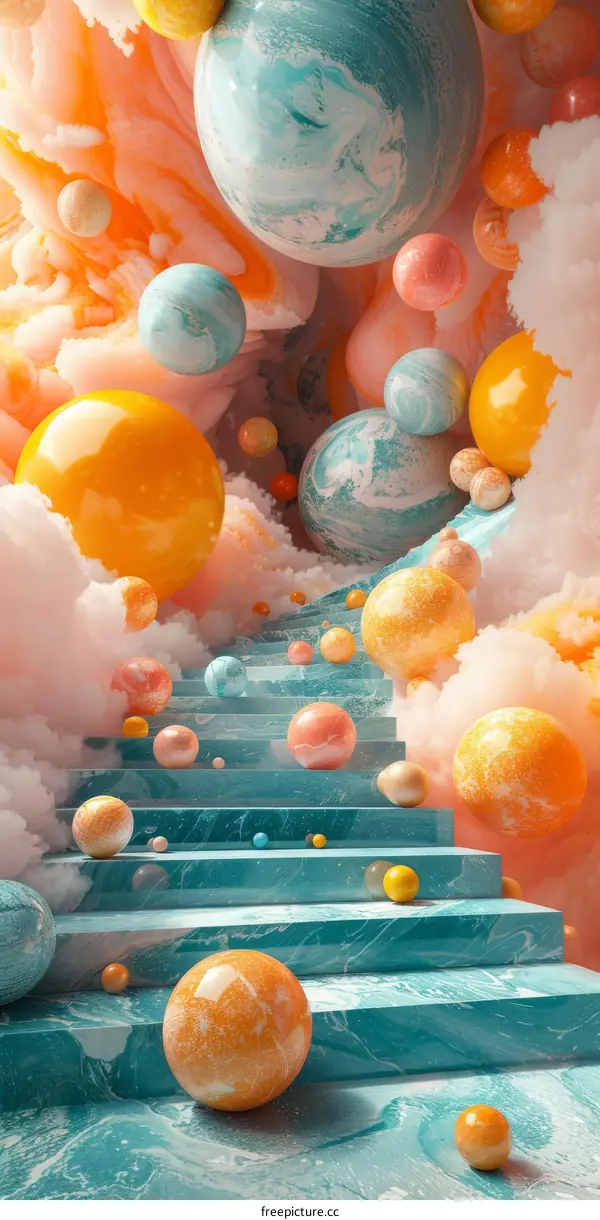 Abstract Stairway to the Clouds with Colorful Spheres