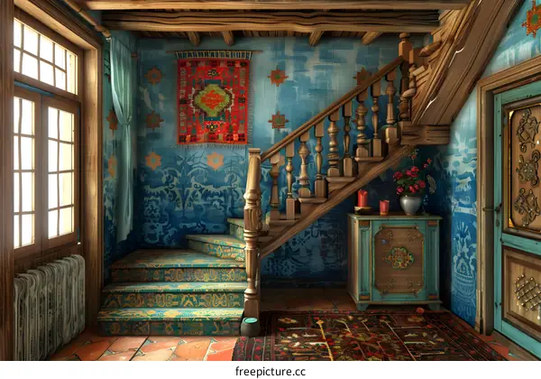 stairs and blue patterned walls in a house