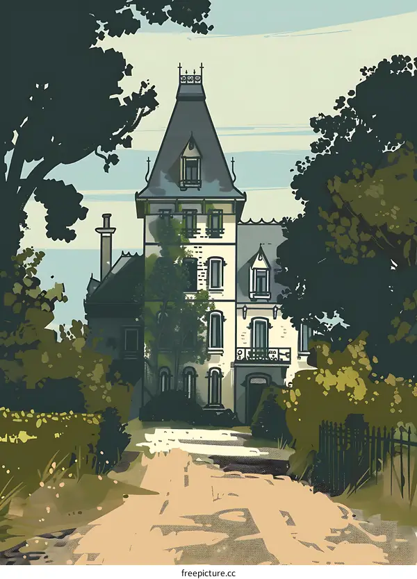 Vintage Style Illustration of an Old House with Green Trees