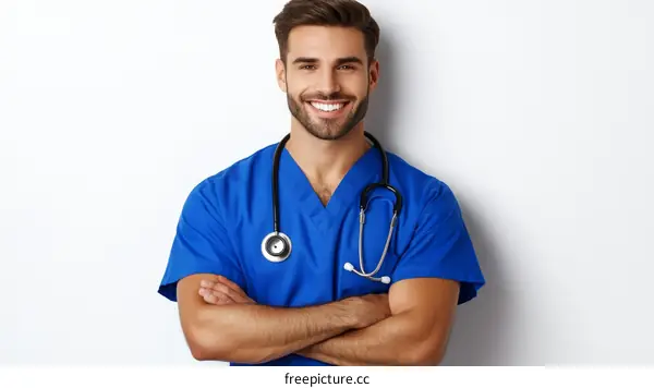 Smiling Caucasian Male Doctor in Medical Uniform