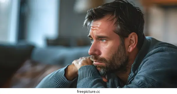 A man is sitting on a couch looking sad