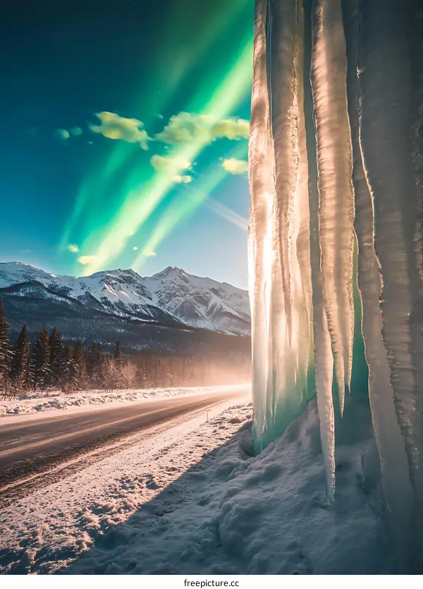 Icicles Hanging From Cliff with Aurora Borealis and Mountains in Background