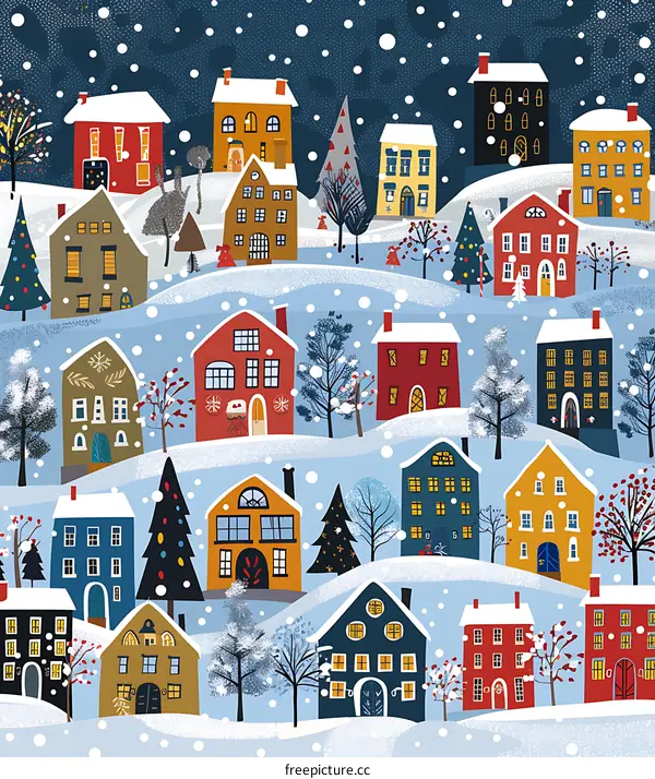 Winter Village Illustration with Snow and Christmas Trees