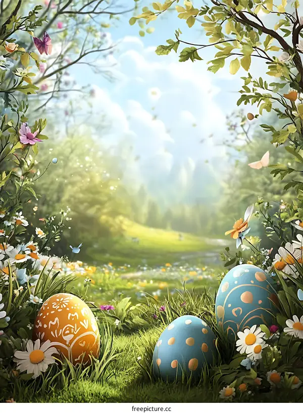 Easter Eggs in a Spring Meadow Illustration