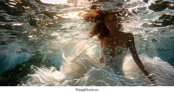 Black bride in an elegant white wedding dress posing underwater