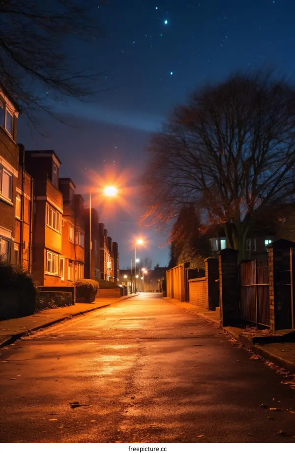 An empty street with a tree and a street lamp at night