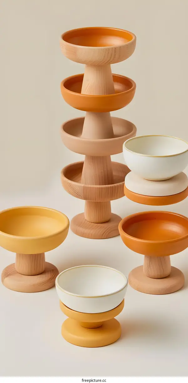 Wooden and Ceramic Bowls with Stand