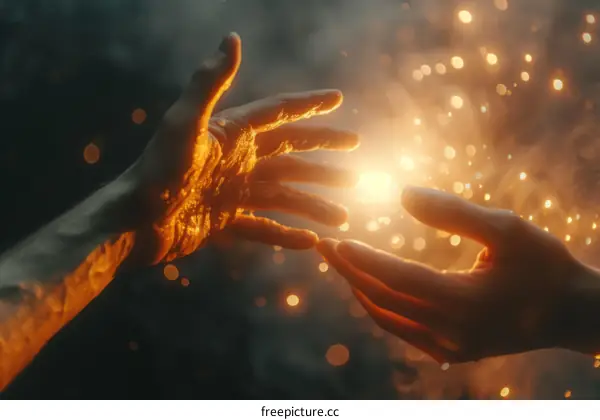 Two hands reaching out to touch each other with a bright light in the center of the palms