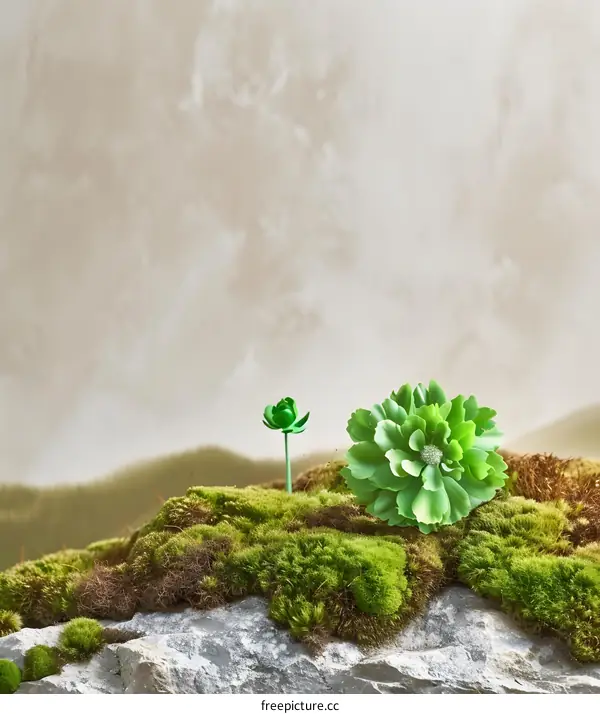 Green Flower On Moss And Rock