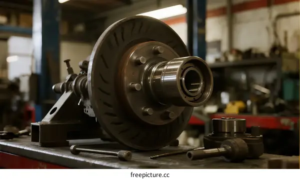 Car brake disc and hub assembly in auto repair shop
