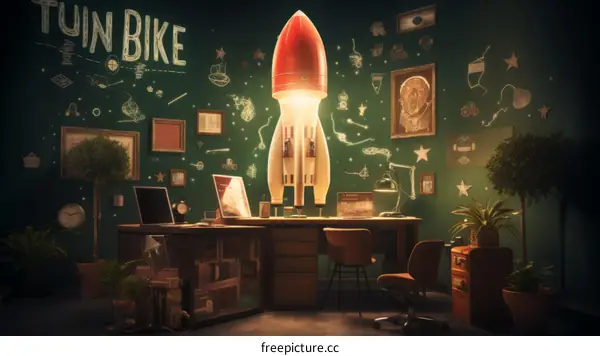 An illustration of a room with a chalkboard, a desk, and a rocket ship.