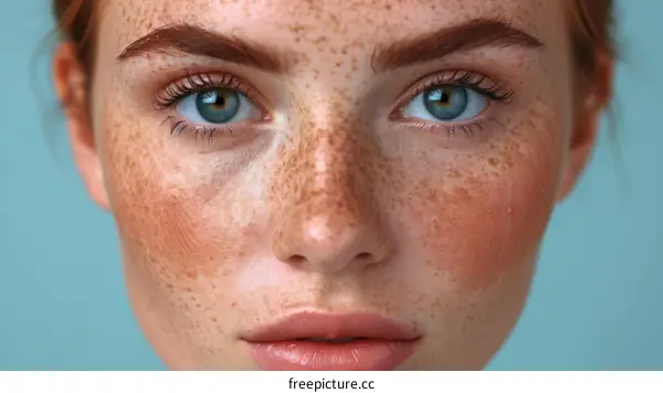 Close-up portrait of a young woman with freckles