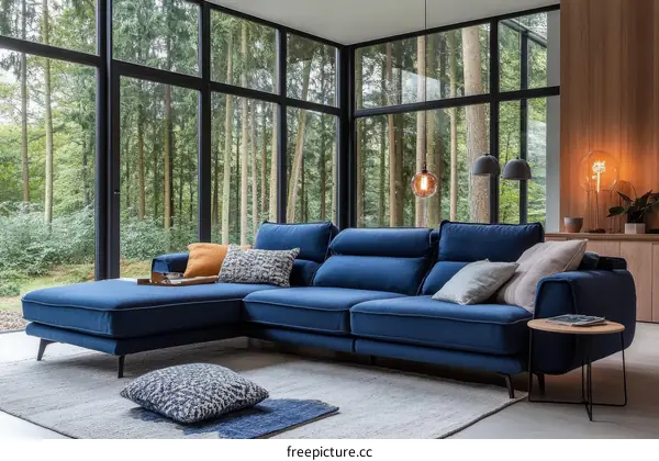 Modern Living Room with Blue Sectional Sofa