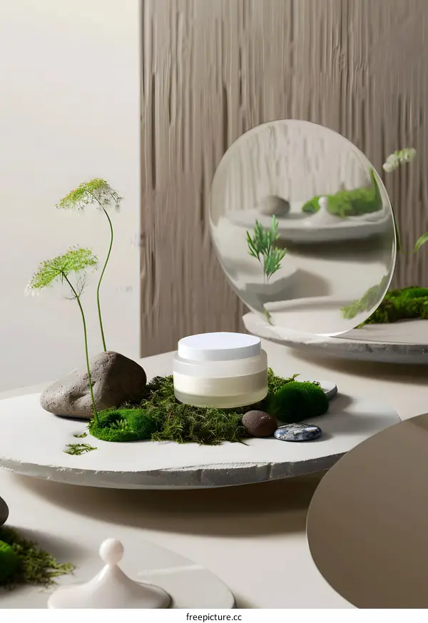 Natural Skincare Product Display with Moss and Stones