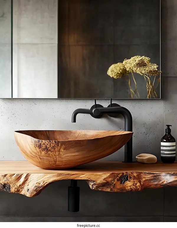 Modern Wooden Sink with Concrete Wall