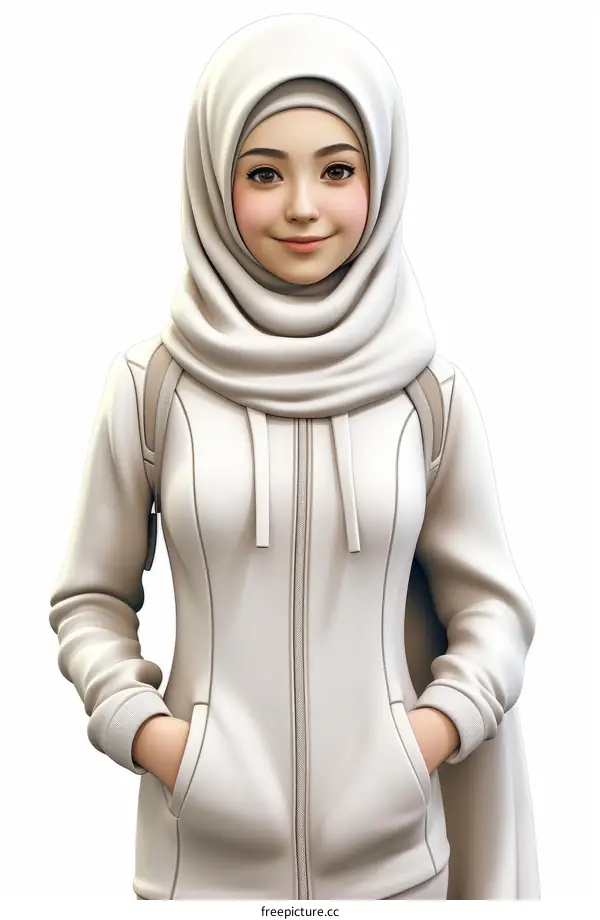 A young Muslim woman wearing a hijab and a sporty outfit smiles at the camera