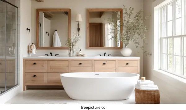 Modern Rustic Bathroom with Natural Wood Cabinets