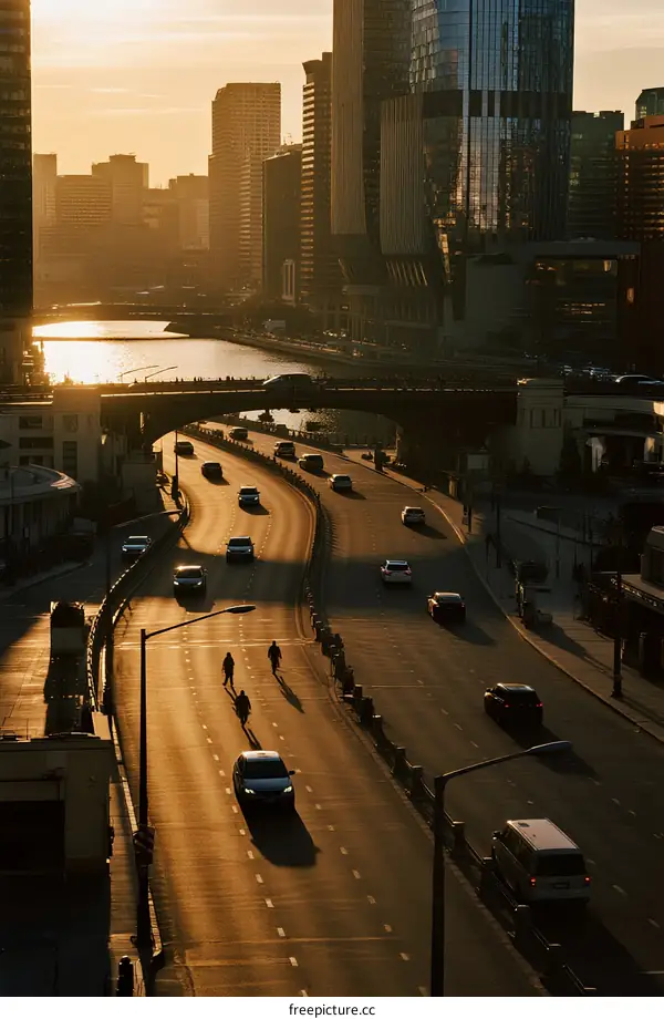 Golden Hour Over Urban Expressway with Modern Skyscrapers
