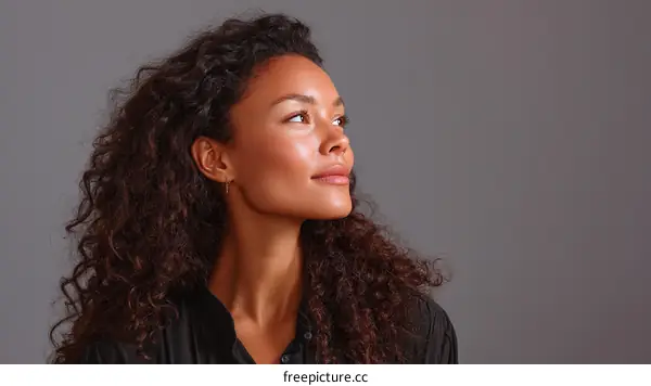 Portrait of a Woman with Curly Hair and a Thoughtful Expression