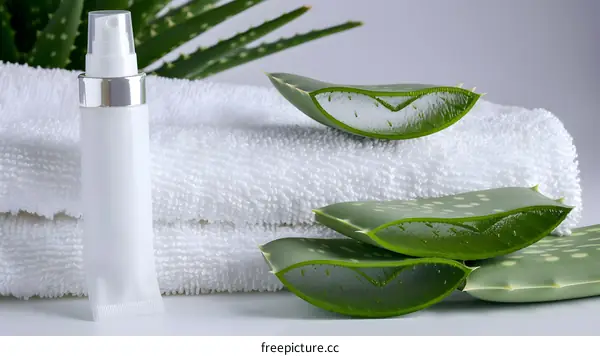 Aloe Vera Plant Leaves and Cream Bottle