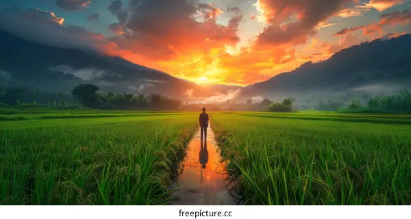 Lonely farmer in a golden rice field watching the sunset