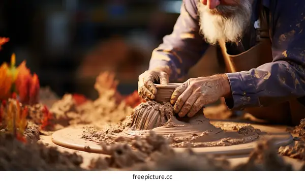 A potter is carefully working on a clay pot on a pottery wheel in his studio.