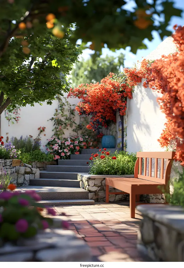 Stone Steps and Wooden Bench in a Sunny Garden