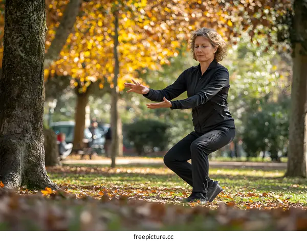 Woman Practicing Tai Chi in a Park