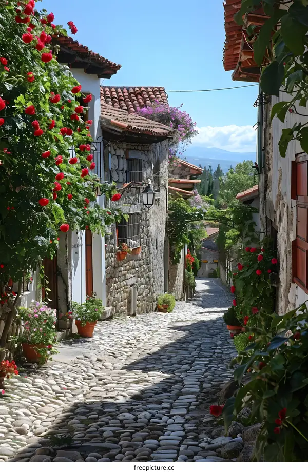 Cobblestone Street with Flowers