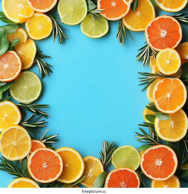 Citrus Fruits and Rosemary on Blue Background