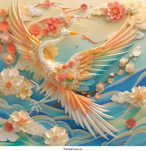 Paper Art Crane Bird Flying Over Flowers