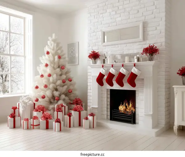 White Christmas Decorated Living Room with Presents