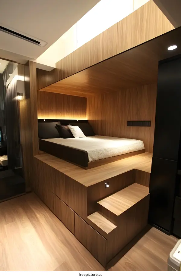 Modern Wooden Platform Bed with Storage and Stairs