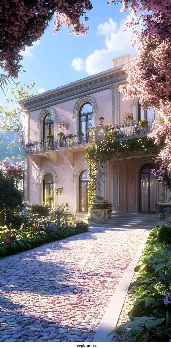 Cobblestone Path Leading to a Beautiful Mansion in Spring