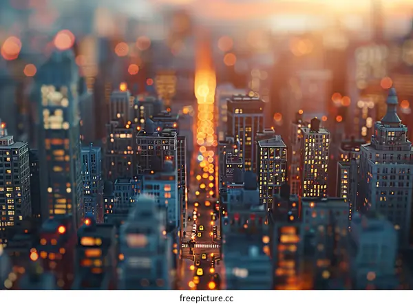 Cityscape at Dusk with Illuminated Skyscrapers