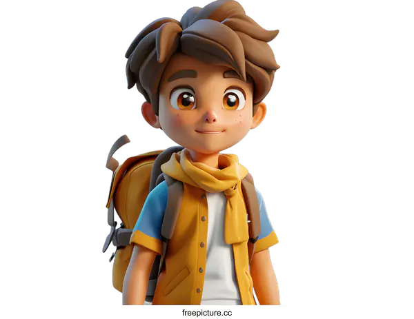 [Transparent Background PNG]a 3d illustration of a boy with brown hair and brown eyes wearing a yellow jacket and a blue scarf