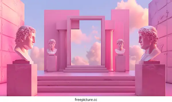 Pink Surreal 3D Render with Greek Busts and Archway